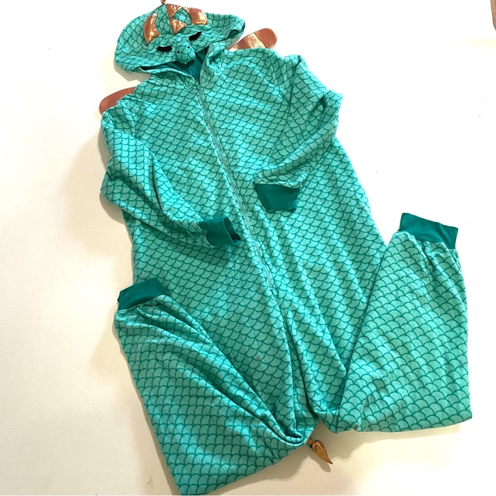 Adult XXL Dragon Onesie hooded Pajamas - Teal & Gold